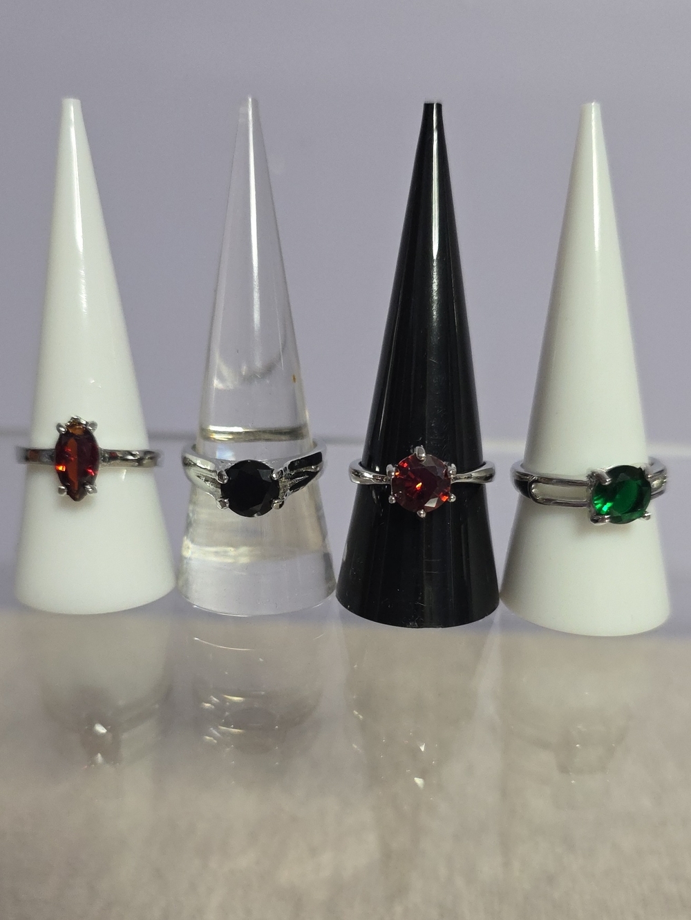 Silver-Tone Garnet, Onyx & Emerald Glass Stone Ring Fashion Bundle